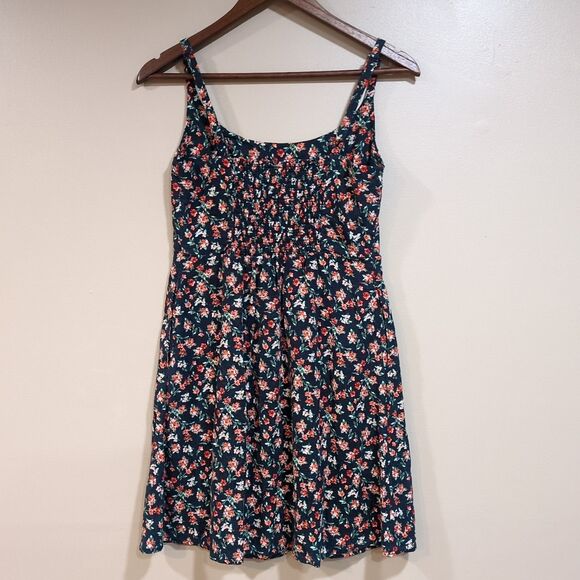Old Navy Floral Sundress Linen Rayon Size Small Navy Blue Red Floral Strappy - Picture 3 of 9